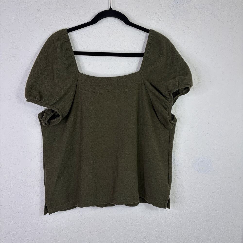 Madewell Jacquard square-neck puff sleeve top Green Size L, button front, casual - Picture 7 of 8